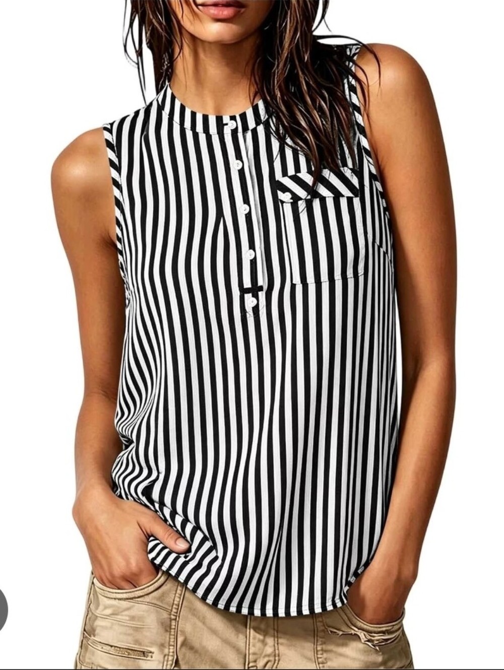Striped Sleeveless Black and White Henley Camisole